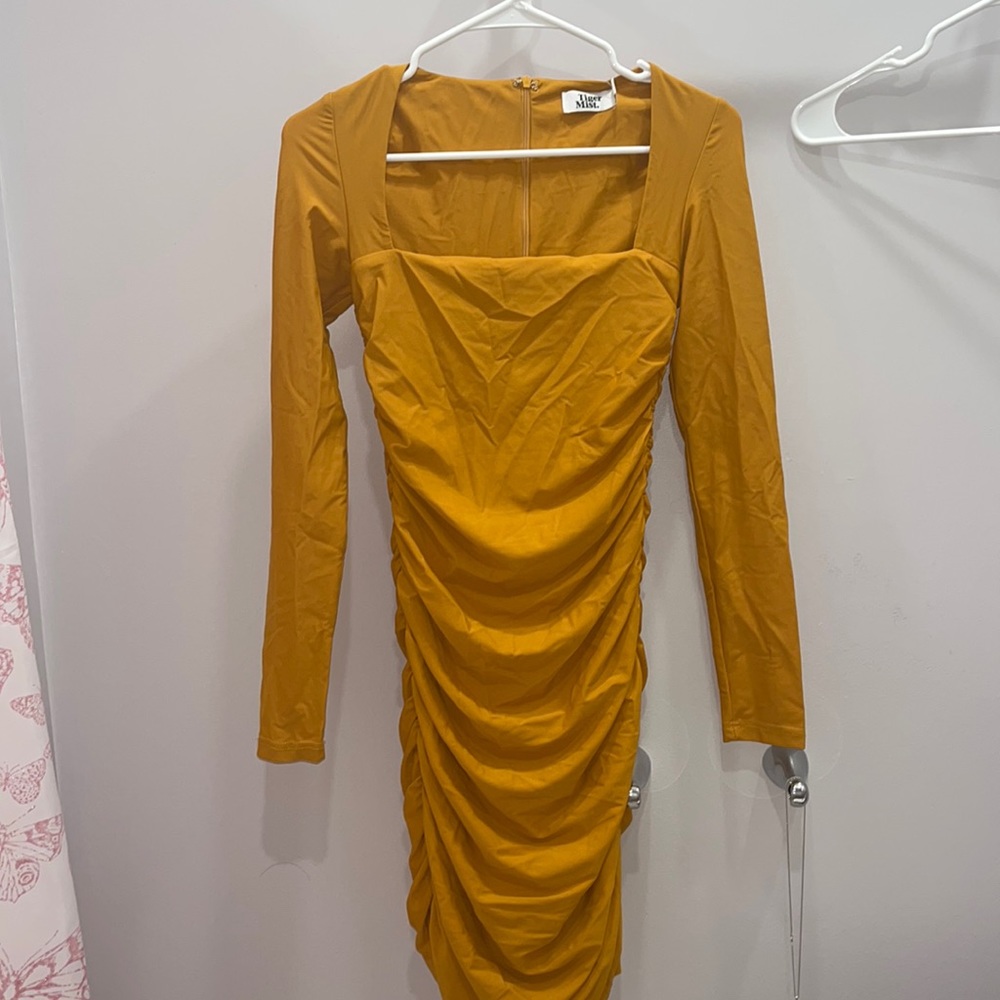 yellow scrunched bodycon dress